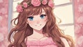 cartoon anime-inspired, anime _ A young woman with long brown hair and blue eyes, wearing a pink dress and a flower