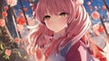 cartoon anime-inspired, anime girl flower roses background