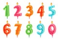 Cartoon anniversary numbers candle. Celebration cake candles burning lights, birthday number and party candle vector set