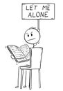 Cartoon of Annoyed Man Sitting on Chair and Reading a Book and Holding Let Me Alone Sign