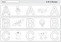 Cartoon ant, aircraft, bat, balloon, crow and crab. Alphabet tracing worksheet