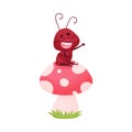 Cartoon Ant Character Sitting on Mushroom and Waving Paw Isolated on White Background Vector Illustration Royalty Free Stock Photo