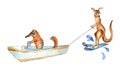 Cartoon anteater on boat and kangaroo has water skiing watercolor illustration isolated on white. Royalty Free Stock Photo