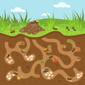 Cartoon anthill illustration. Cute tiny ants working and moving. Forest or garden wildlife, underground passages and