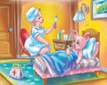 Cartoon anthro pigs in the room: doctor and ill child