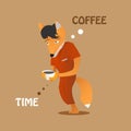 Cartoon anthropomorphic young fox man with cup of hot drink