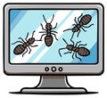 Cartoon ants on a computer monitor screen representing software bugs and viruses Royalty Free Stock Photo