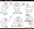 Cartoon apes and monkeys characters set coloring book page