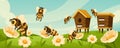 Cartoon apiary. Honey bees fly around hives and blooming flowers at flower meadow vector illustration Royalty Free Stock Photo