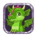 Cartoon app icon with funny green young dragon.