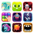 Cartoon app icons set. Funny square logo pictures.