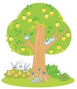 Cartoon apple tree with cute animals, vector illustration Royalty Free Stock Photo