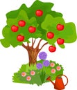 Cartoon apple tree with green crown, red fruits and grass near the trunk on white background Royalty Free Stock Photo