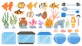Cartoon aquarium fish, food, decoration, tank, tools and equipment. Underwater seaweeds, corals and seashells. Aquarium