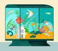 Cartoon aquarium fish swim in blue water, vector illustration. Life decorative tropical animals, beautiful sea nature at Royalty Free Stock Photo