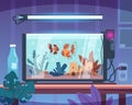 Cartoon aquarium. Room interior. Glass tank with water and sand on table. Living conditions for goldfish and seaweeds