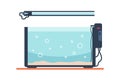 Cartoon aquarium with water and lamp. Empty fish tank template. Square fishbowl with air bubbles and sand. Isolated home Royalty Free Stock Photo