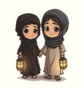 a cartoon arab boy and girl with holding lantern with crescent moon, stars and in background Royalty Free Stock Photo