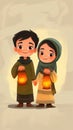 a cartoon arab boy and girl with holding lantern with crescent moon, stars and in background Royalty Free Stock Photo