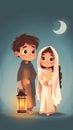 a cartoon arab boy and girl with holding lantern with crescent moon, stars and in background Royalty Free Stock Photo