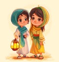 a cartoon arab boy and girl with holding lantern with crescent moon, stars and in background Royalty Free Stock Photo