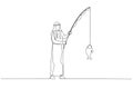 Cartoon of arab businessman fishing big fish. Single continuous line art style Royalty Free Stock Photo