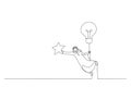 Cartoon of arab businessman flying with lightbulb idea to catch star in the sky. Metaphor for innovation. Single line art style