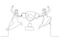 Cartoon of arab businessman partner celebrate winning victory trophy concept of team success. Continuous line art style