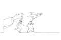 Cartoon of arab businessman run to paper plan. Metaphor for follow instruction. Continuous line art style