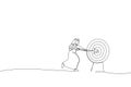 Cartoon of arab businessman shooting target with arrow. Metaphor for market goal achievement, financial aim. Single continuous Royalty Free Stock Photo