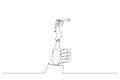 Cartoon of arab businessman standing on giant thumb using telescope to look into the distance. Single continuous line art style