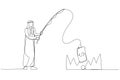 Cartoon of arab businessman stealing money from trap with fishing rod metaphor of investment risk. Single line art style