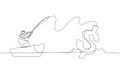 Cartoon of arab businessman try to get fish fishing in the sea. Continuous line art Royalty Free Stock Photo