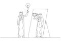 Cartoon of arab man having ide lightbulb looking into mirror have reflection holding award trophy. Single continuous line art