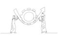 Cartoon of arab man partner help rotate gear cogwheel to make arrow rising up concept of business transformation. One line art