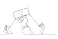 Cartoon of arab man pull money in the hands of giants. Single continuous line art style