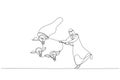 Cartoon of arab muslim businessman chasing and catch flying lightbulb ideas with net concept of business ideas. Single line art