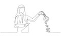 Cartoon of arab muslim businessman hand shaking the lightbulb idea to earn money. Single line art style