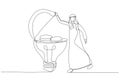 Cartoon of arab muslim businessman open bright lightbulb idea and found money coins. Single continuous line art style