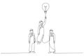 Cartoon of arab muslim businessman rising on bulb balloon try to find opportunity. Single line art style