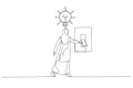 Cartoon of arab muslim businesswoman switching on the switch to turn on lightbulb lamp over his head concept of inspiration.