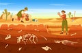 Cartoon archaeological excavation, archaeologists discovering ancient artifacts. Paleontologist finding fossils at dig Royalty Free Stock Photo