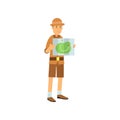 Cartoon archaeologist character studying the map Royalty Free Stock Photo