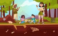 Cartoon adult and kids archaeologists exploring artifacts, studying dinosaurs fossil