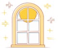 Cartoon arched window with a rising sun and sparkles doodle illustration Royalty Free Stock Photo