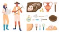 Cartoon archeology. Ancient artifacts and extinct animal fossils. Archaeologists and tools. Spatulas and compass