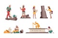 Cartoon archeology. Paleontologist characters with archeological tools. Geologists working in field. People dig up