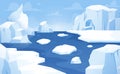 Cartoon arctic background, floating icebergs antarctica landscape. Beautiful sea or ocean, glaciers and ice mountains Royalty Free Stock Photo