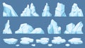 Cartoon arctic ice. Icebergs, blue floes and ice crystals. Icy cliff, cold frozen block of different shapes for game and Royalty Free Stock Photo