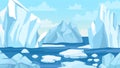 Cartoon arctic landscape. Icebergs, blue pure water glacier and icy cliff snow mountains. Greenland polar nature panoramic vector Royalty Free Stock Photo